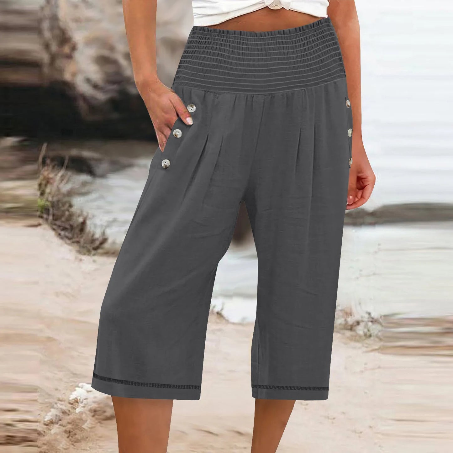 Women Cropped Pants Cotton Linen Baggy Trousers Drawstring Elastic Waist Solid Straight Pants