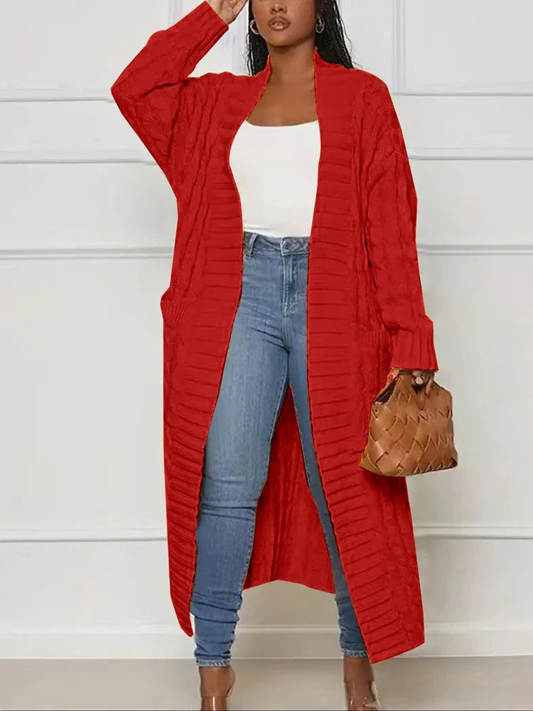 Autumn and Winter Fashion Women's Long Cardigan Sleeve Pocket Solid Colour Relaxed Sweater Acrylic Material