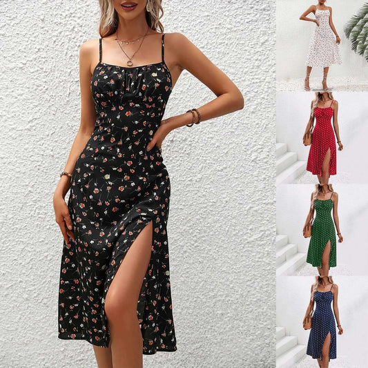 Ladies Sexy Polka Dot Split Floral Suspender Dress Summer Side Slits Slim Waist Party Dress