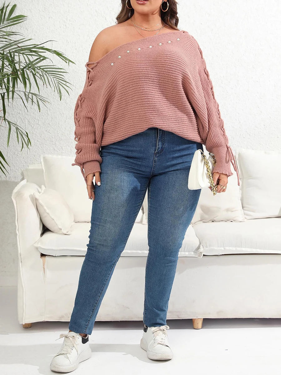 Women s Plus Size Sweater Cozy Cable Knit Off Shoulder Long Sleeve Pullover with Tassel Detail Casual