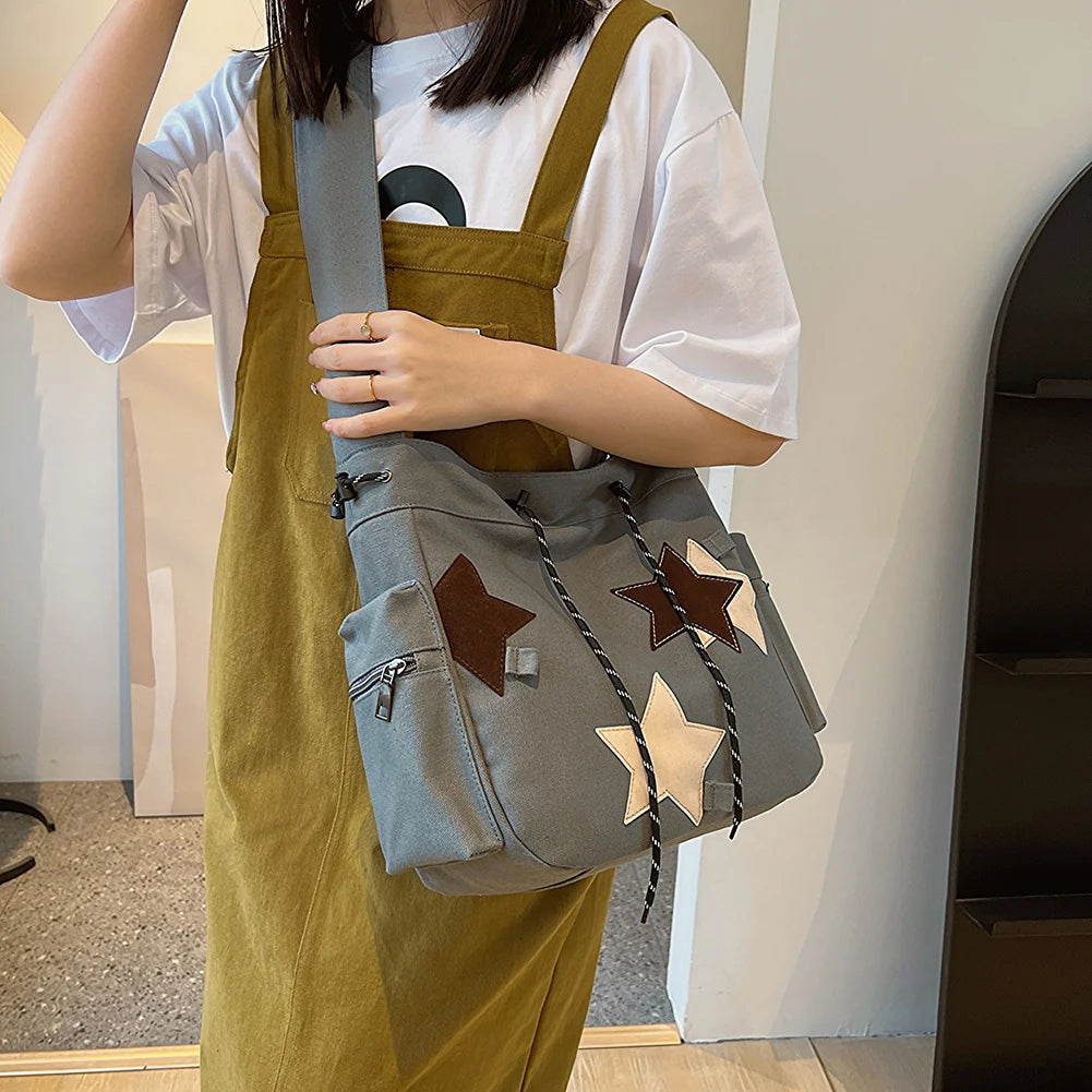 Women Casual Satchel Bag Large Capacity Canvas Star Applique  Street Style School Bag for Teens Students