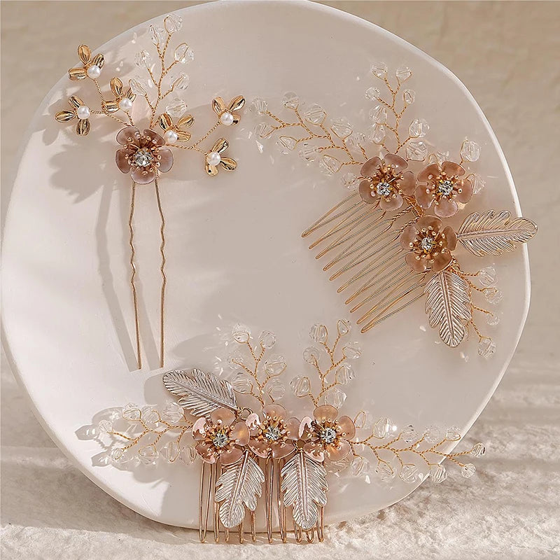 Luxury Pearls Flower Hair Comb Hair Pins Clips Set Cute Hair Fork Headpieces for Women Jewelry Gift Hair Accessory