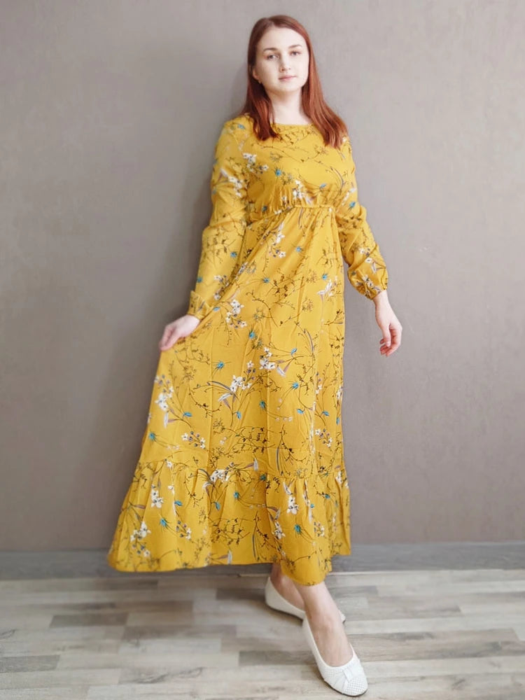 Spring Summer Women Maxi Dresses Casual Full Sleeve Floral Printed O-neck Woman Boho Beach Party Long Dress