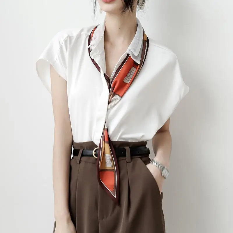 Summer  Office  Lacing Polo-Neck Short Sleeve Chiffon Shirts