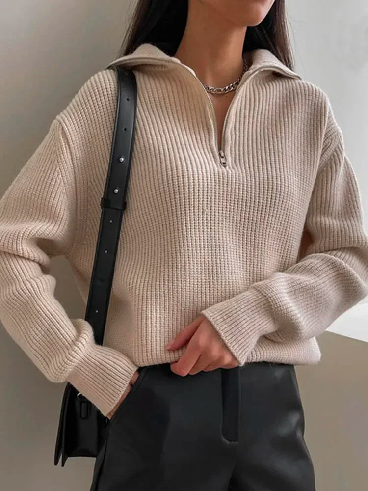 Fashion Women's Turtleneck Zippers Solid Loose Women Sweaters Pullover Long Sleeve Casual Knitted Sweater Woman