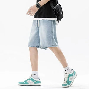 Casual Denim Shorts Comfortable Elastic Waist Straight Leg New Soft Short Pants Light Blue Loose Baggy Wide Leg Jeans