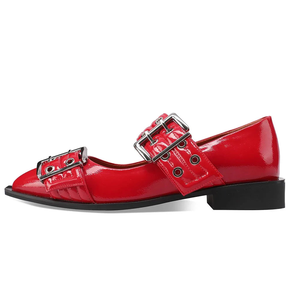 Flats Pointed Toe Buckle Strap Chunky Low Heel