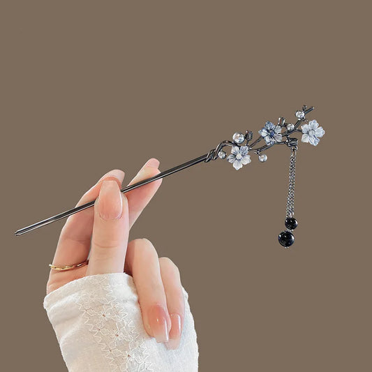 Modern Hair Stick Ink Flower Metal Tassel Hairpin Forks For Women  Beads Fringe Hair Clasp