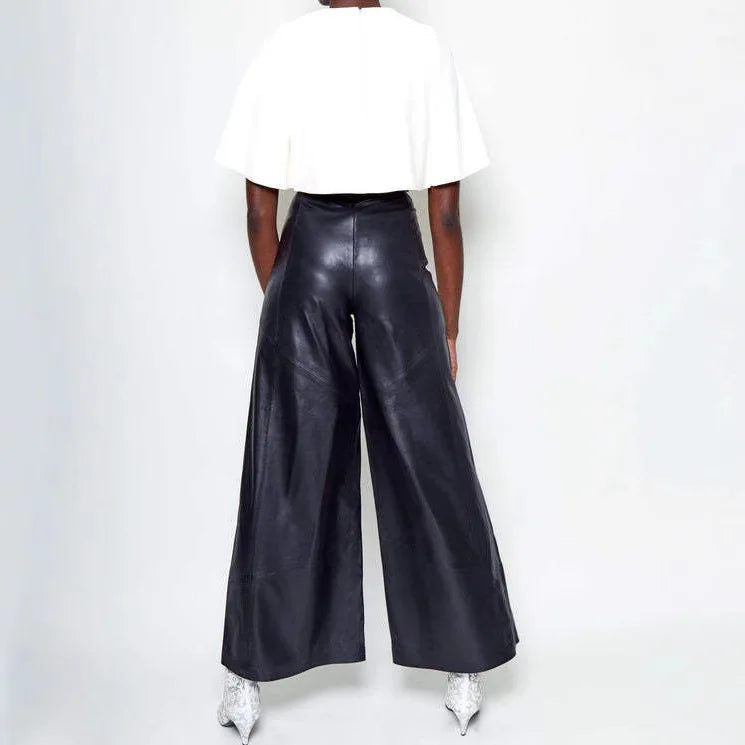 Casual Loose Leather Pants High Waist Wide Legs Solid Pocket Flare Pants