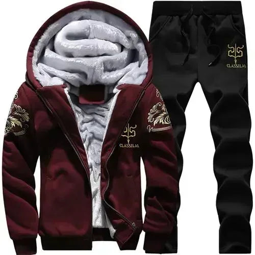 Thick Men Sports Suit Tracksuit Hooded Sportswear Zipper Cardigan Hooded Woolen Trousers Pants Casual Men Set