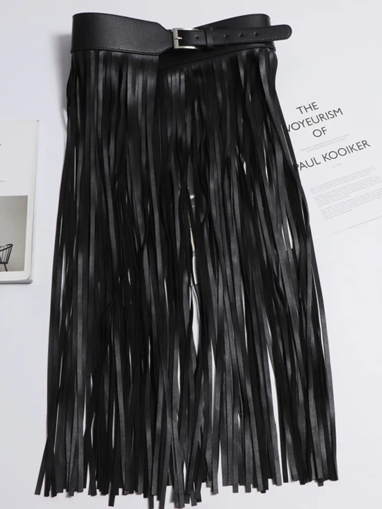 Leather Skirt Women Belt Black Full Tassels