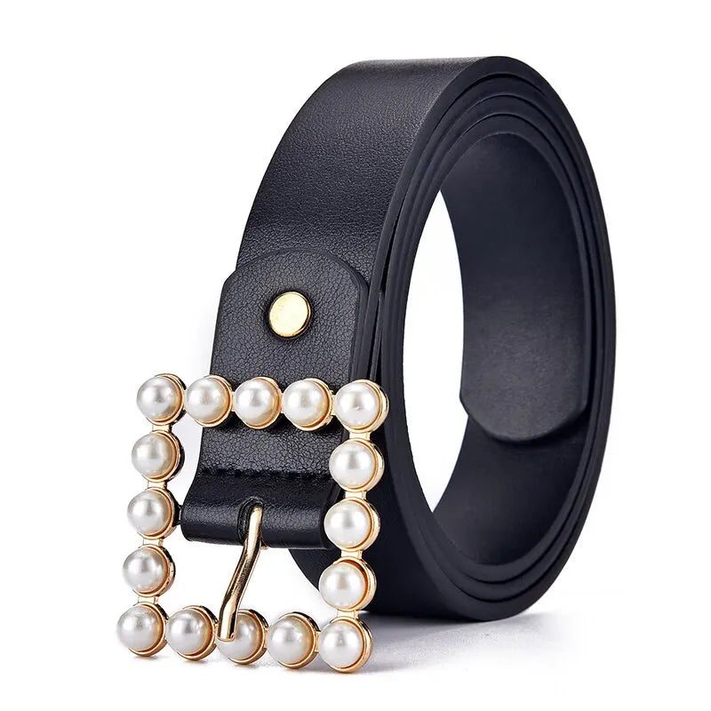 Women's Belt Fashion Pearl Buckle Belt Trend Versatile Jeans Belt PU Leather Belt Street Trend Belt