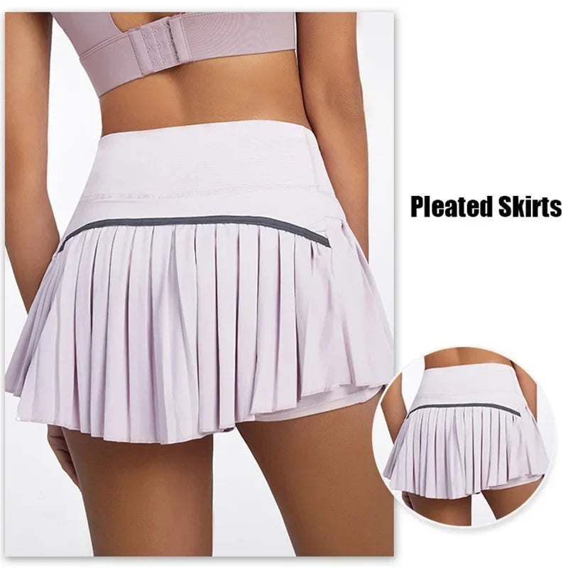 Safe Tennis Skirts XS-XXL Gym Golf Running Pleated Pant skirt Women Sports Fitness Shorts Pocket High Waist Skort