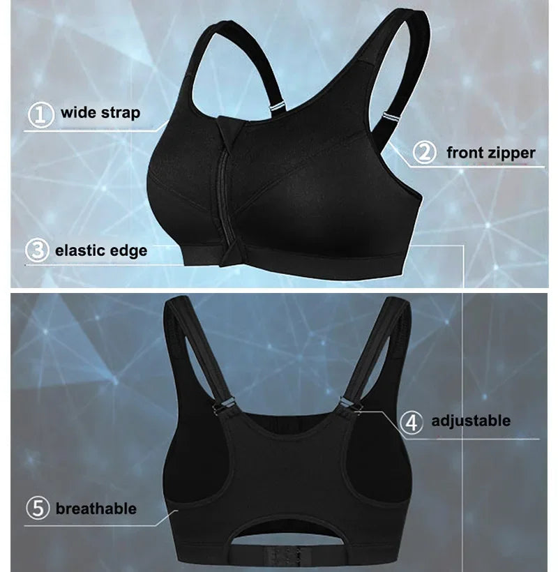 Sports Top Yoga Bra Shockproof Gym  Front Zipper  Push Up