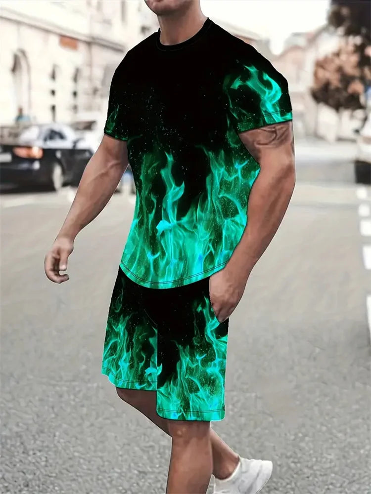Men's Short-sleeved Shorts Suit Summer Fashion Round Neck T-shirt, Shorts Two-piece Street Shooting Casual Clothing