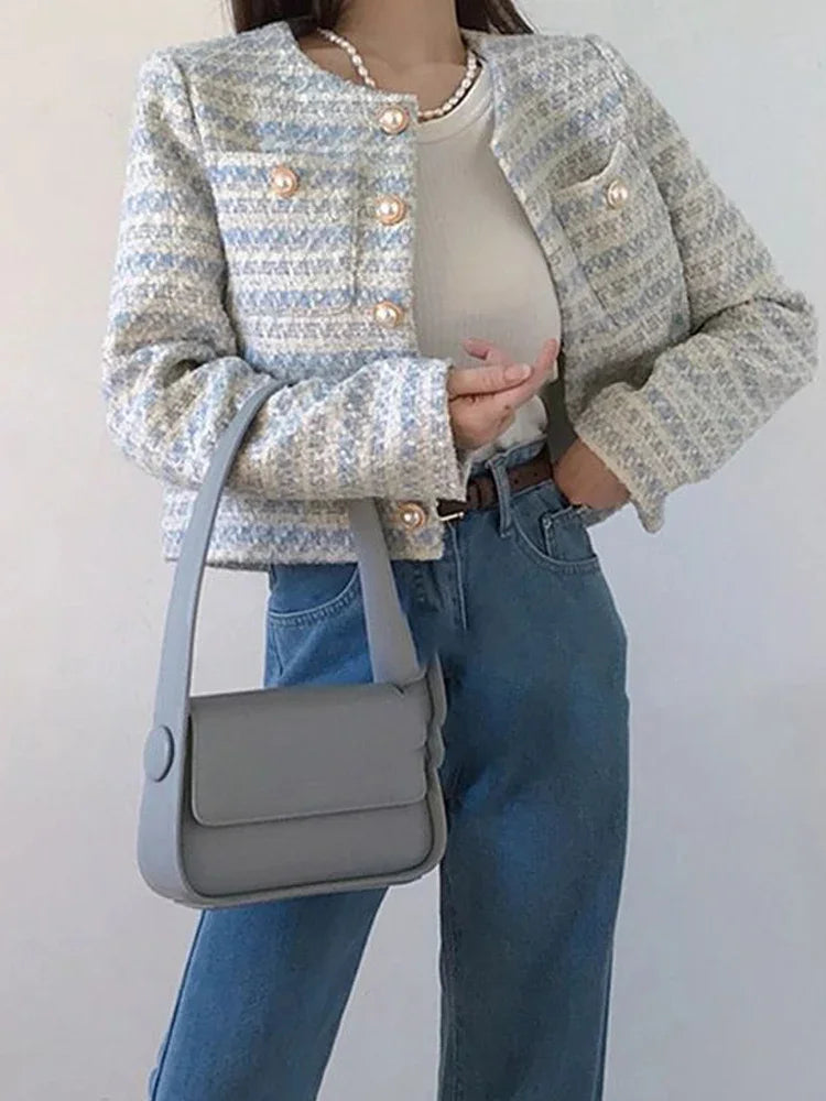 Women's Elegant Tweed Cardigan Short Coat With Pocket Single Breasted Jacket For Women Loose Outerwear