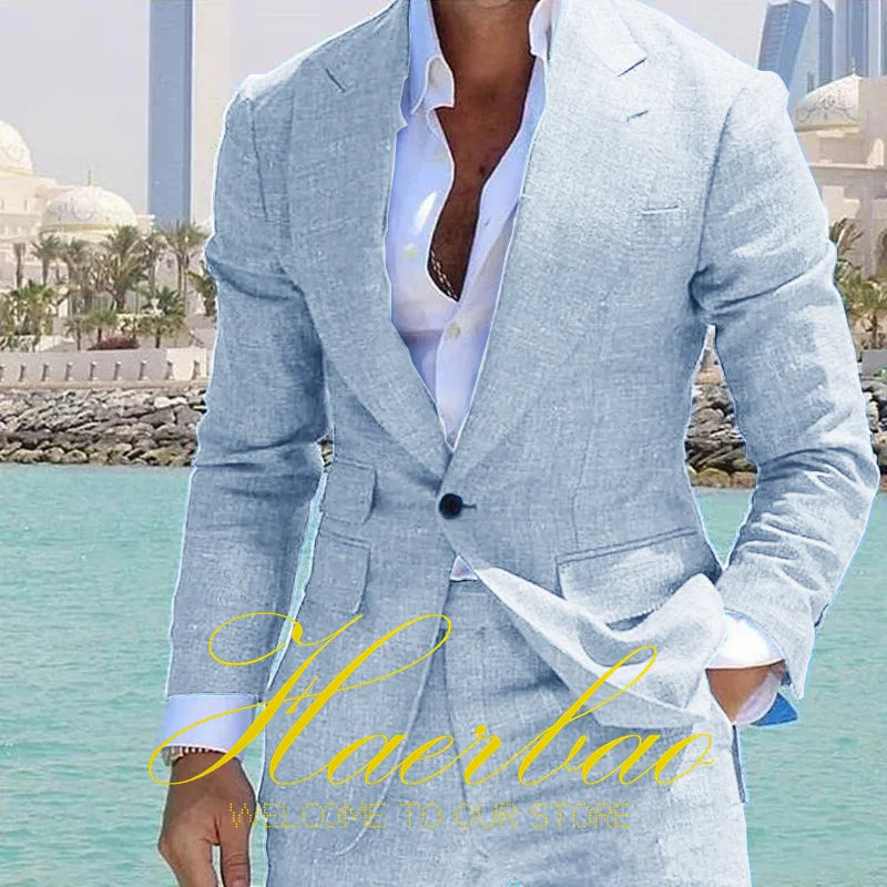 Summer Men's Linen Suit Set of 2 Wedding Groom Tuxedo Formal Lapel Jacket Pants Fashion Tailored Blazer for Men