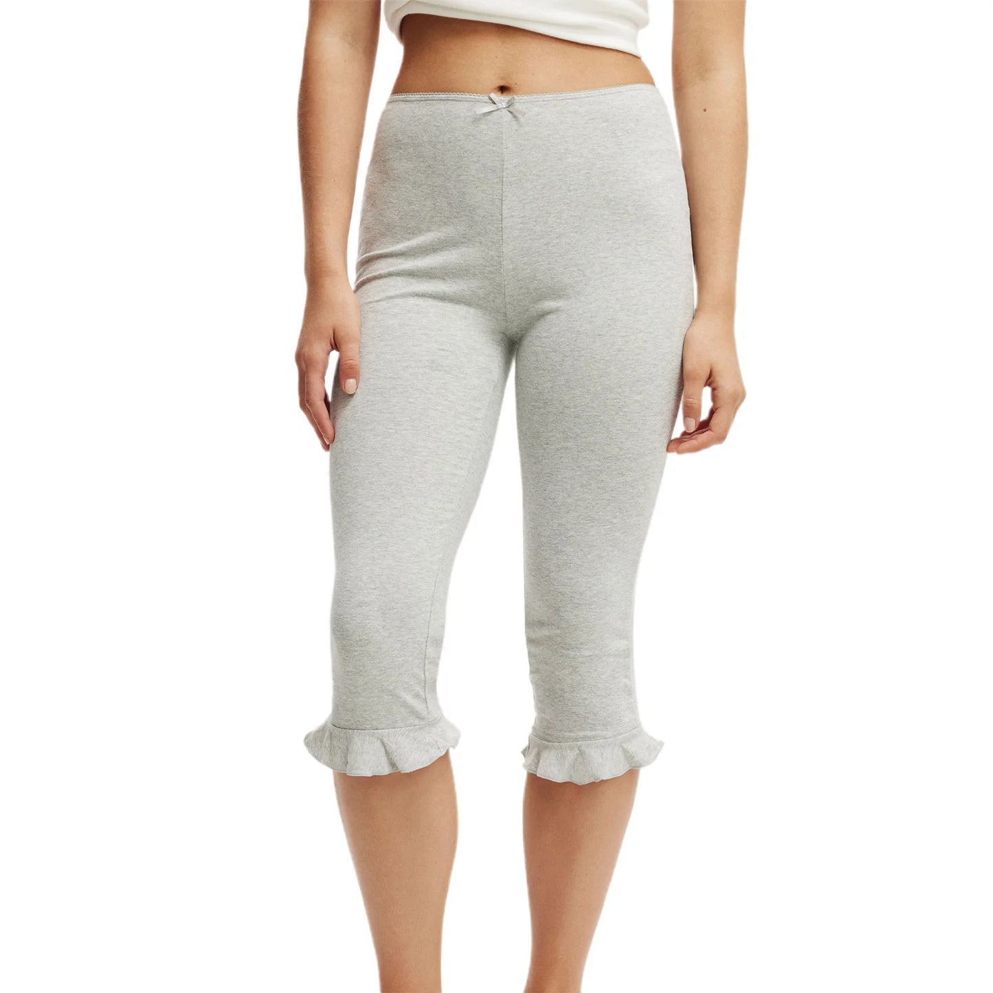 Women s Mid Waist Leggings with Solid Color Elastic Waist and Ruffled hem Casual Fashion Comfortable