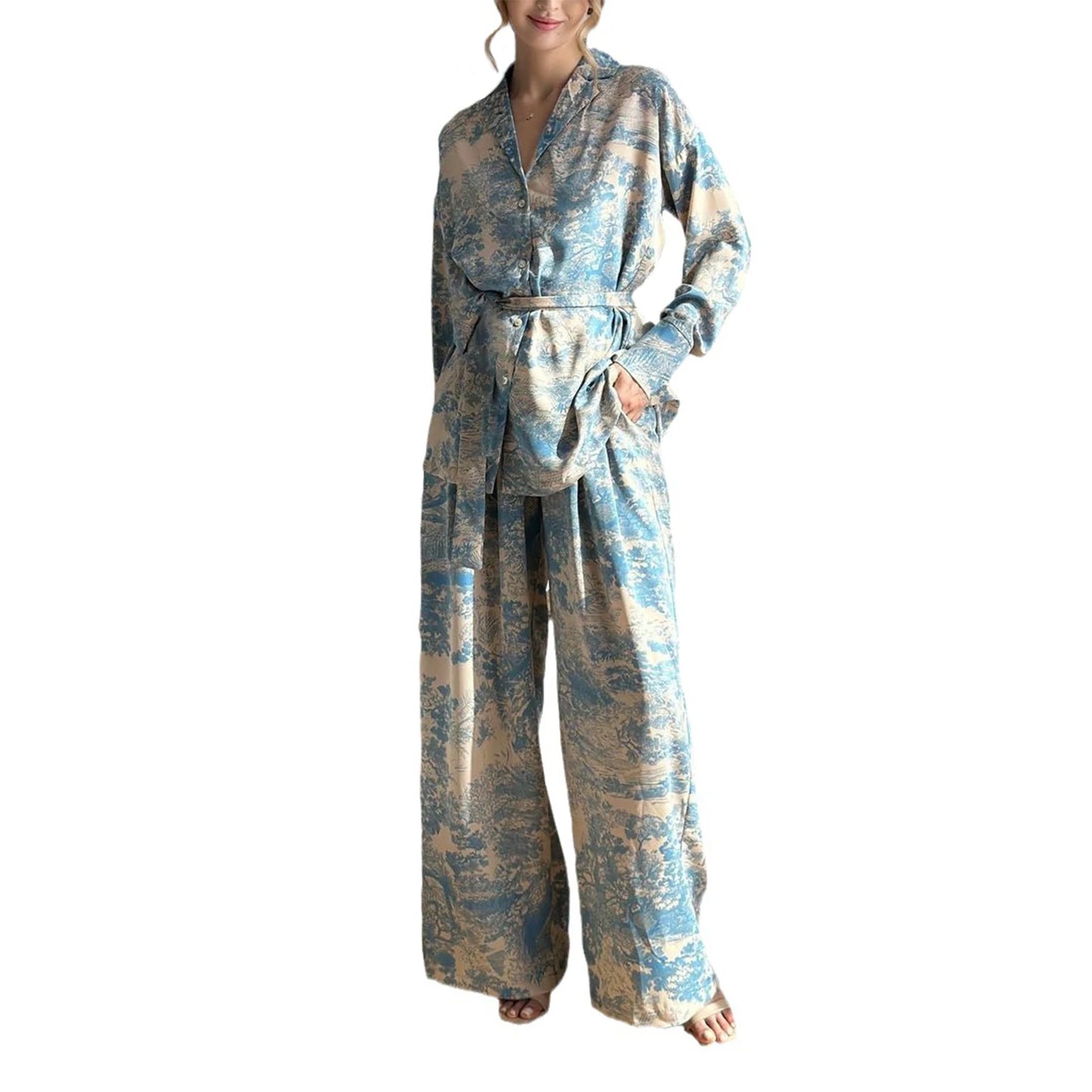 Women Pants Suit Long Sleeve Shirt with Wide Leg Pants and Belt Office Outfit Loungewear