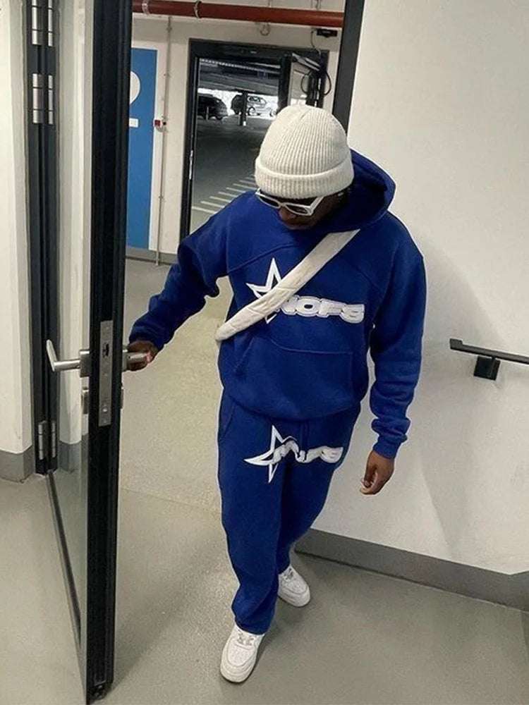 Trendy Kangaroo Pocket Hoodie And Sweatpants 2 Piece Set For Man Casual Letter Printed Outfits  Elastic Waist Pants Suit