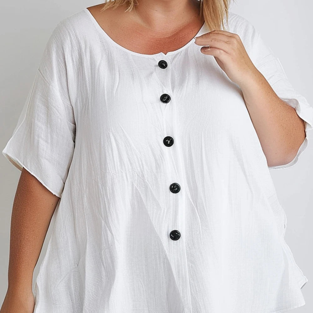 Summer Casual White Basic Linen Button Down Round Neck Half Sleeve Blouse