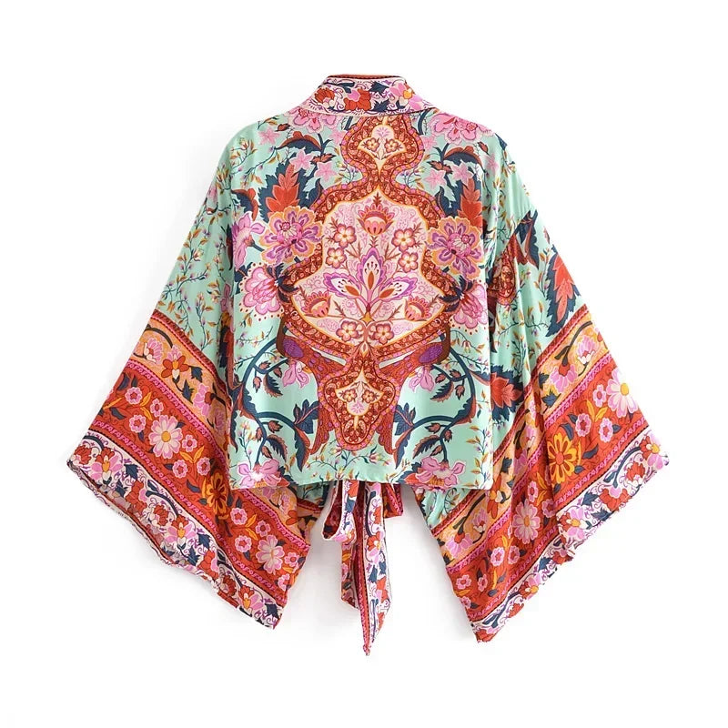 Hippie Queens Floral Print Sashes Short  Kimono Women Fashion V Neck Batwing Sleeves Lady Boho Bikini Cover-ups