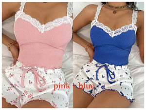 Women 2pc Pajama Set Pink Lace Patchwork V-Neck Sleepwear Sexy Nighties Suit Cami Top Printed Shorts