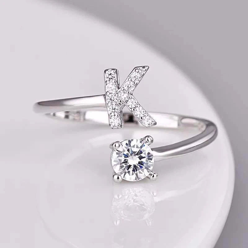 Shining Rhinestone 26 Letters Adjustable Rings  Initial A-Z Alphabet Opening Ring