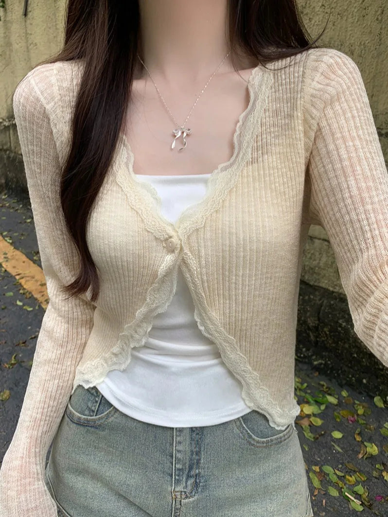 Lace Trim One Button Long Sleeve Crop Top Women Short Sleeve Open Front Ribbed Knit Cardigan Sweater Summer