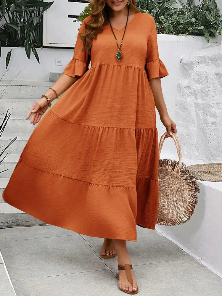 Spring and Summer  Large V-neck Splicing Multi color Multi plus size Long Style Large Swing Dress