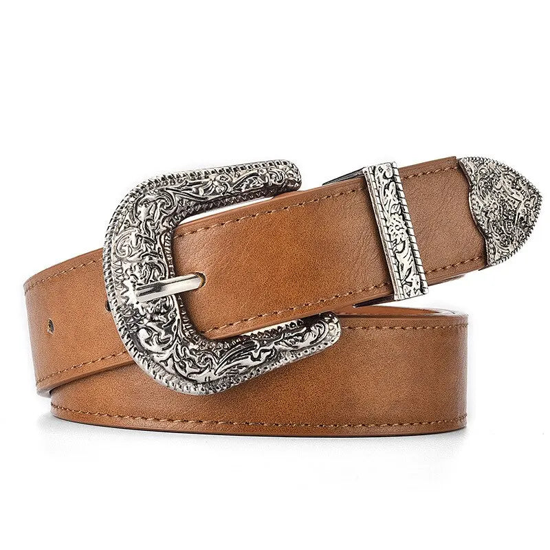 Women's Belt Vintage Carved Needle Buckle Belt Rock Style Jeans Belt PU Leather Belt