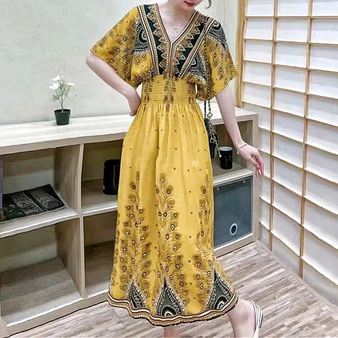 Colorful Flower V-neck Elastic Youthful Bohemian Sweet Midi Dress Woman Clothes Chic Fashion Summer Dresses