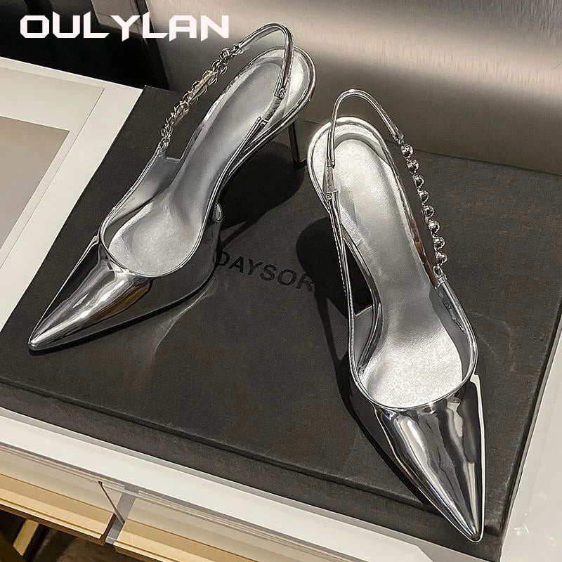 Metallic Crystal Sandals Shiny High Heels Sling back Silver Stiletto Heeled Shoes Party Dress Shoes