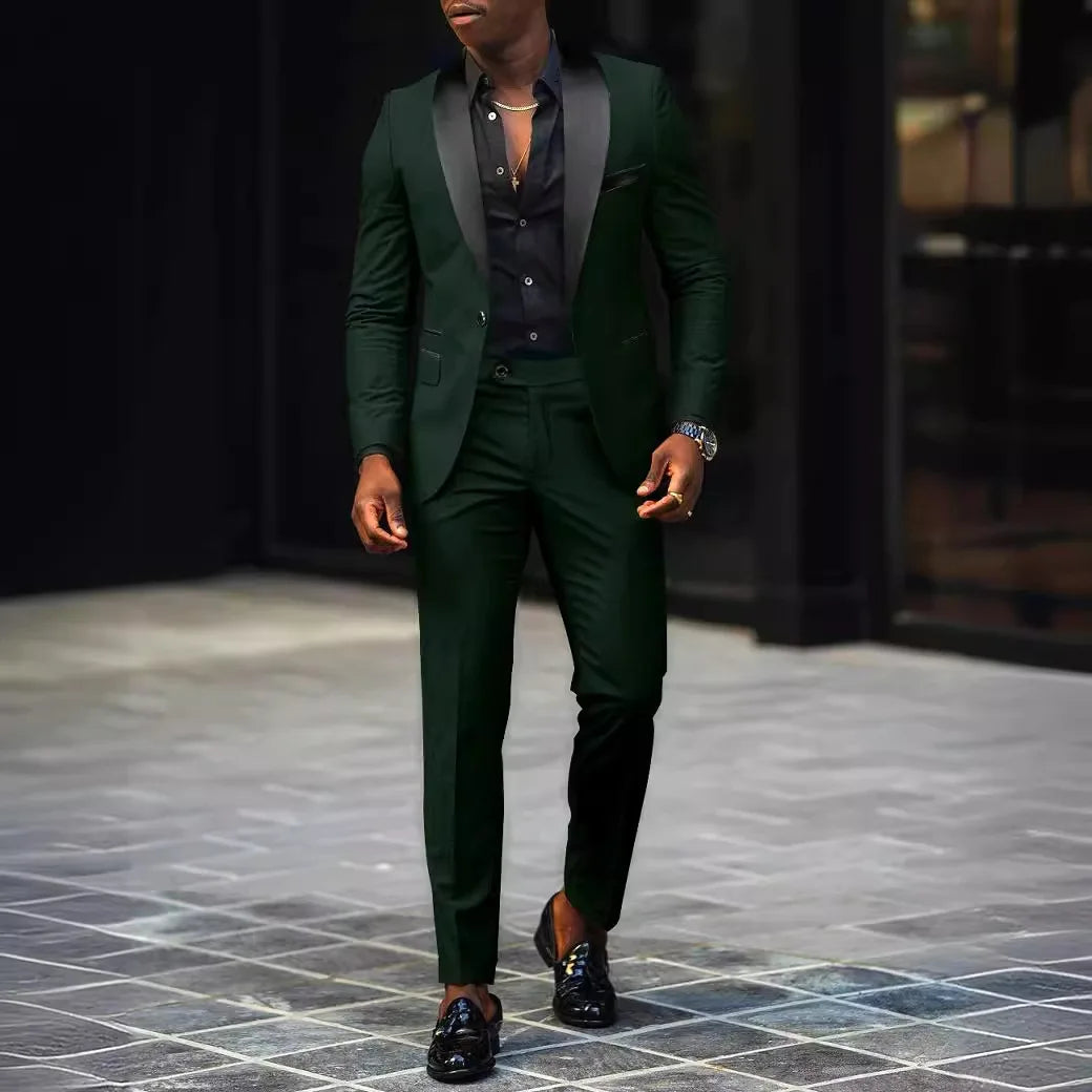 Men's Fashion Business Casual Two-piece, Comfortable and Breathable Slim-fit Side Slit Single-button Suit Jacket+trousers