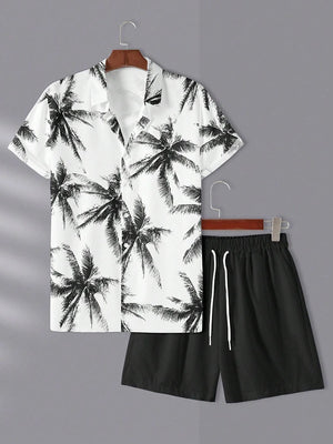 Hawaiian Coconut Tree Print Men's Shirt Summer Short Sleeve Tops Beach Shorts 2 Piece Sets Casual Vacation Style Outfit Clothing