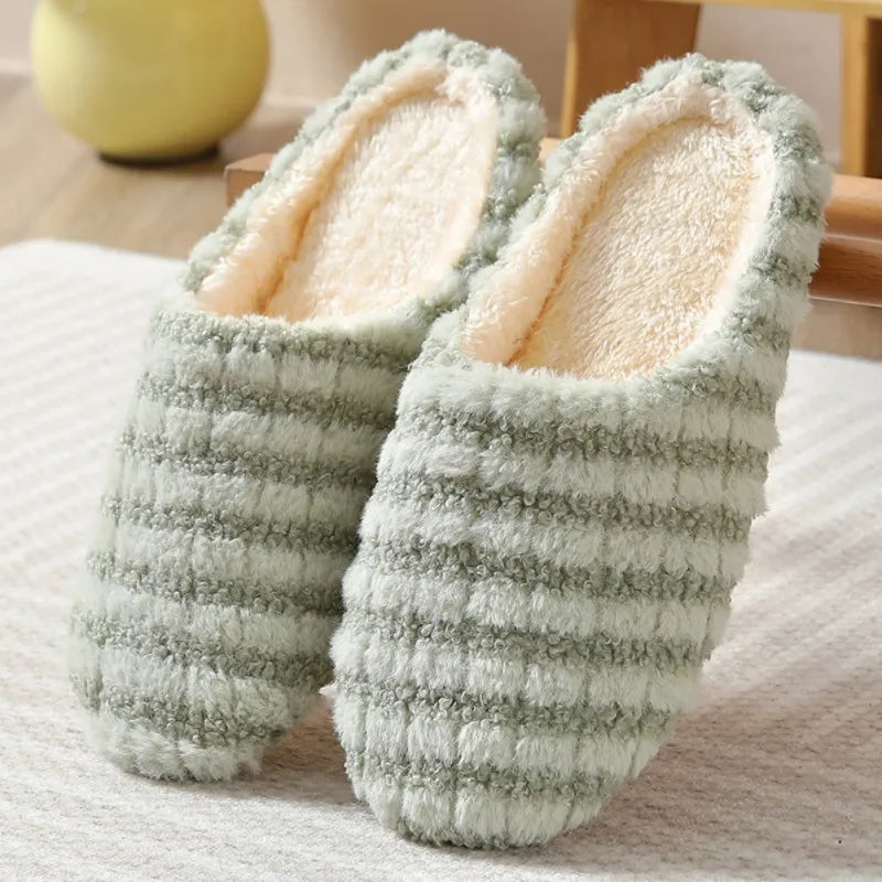 1 Pair Striped Silent Japanese Style Indoor Soft Bottom Anti Slip Cotton Slippers, Winter Insulation Durable Home Cotton Slipper