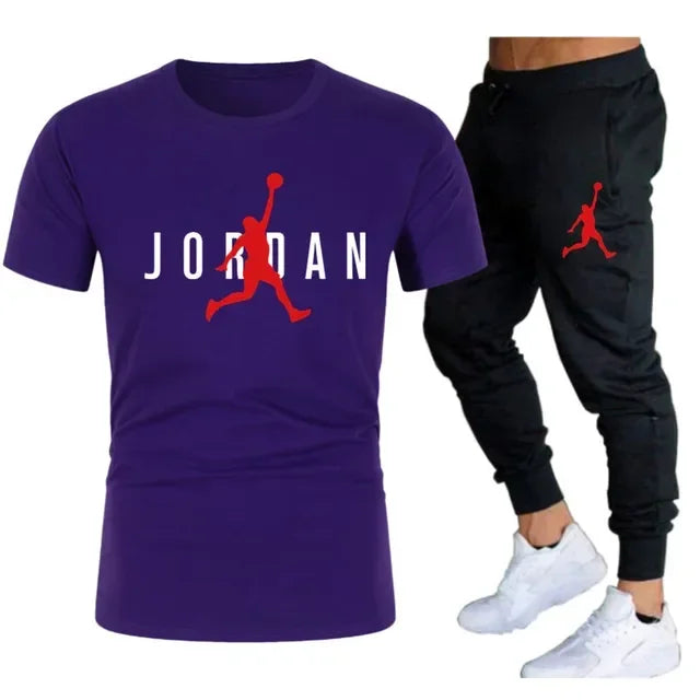 Summer Men's Tracksuit Suit Brand Short Sleeve T-Shirt + Trousers 2-Piece Sets Fitness Jogging Sports Pants Sportswear Suit