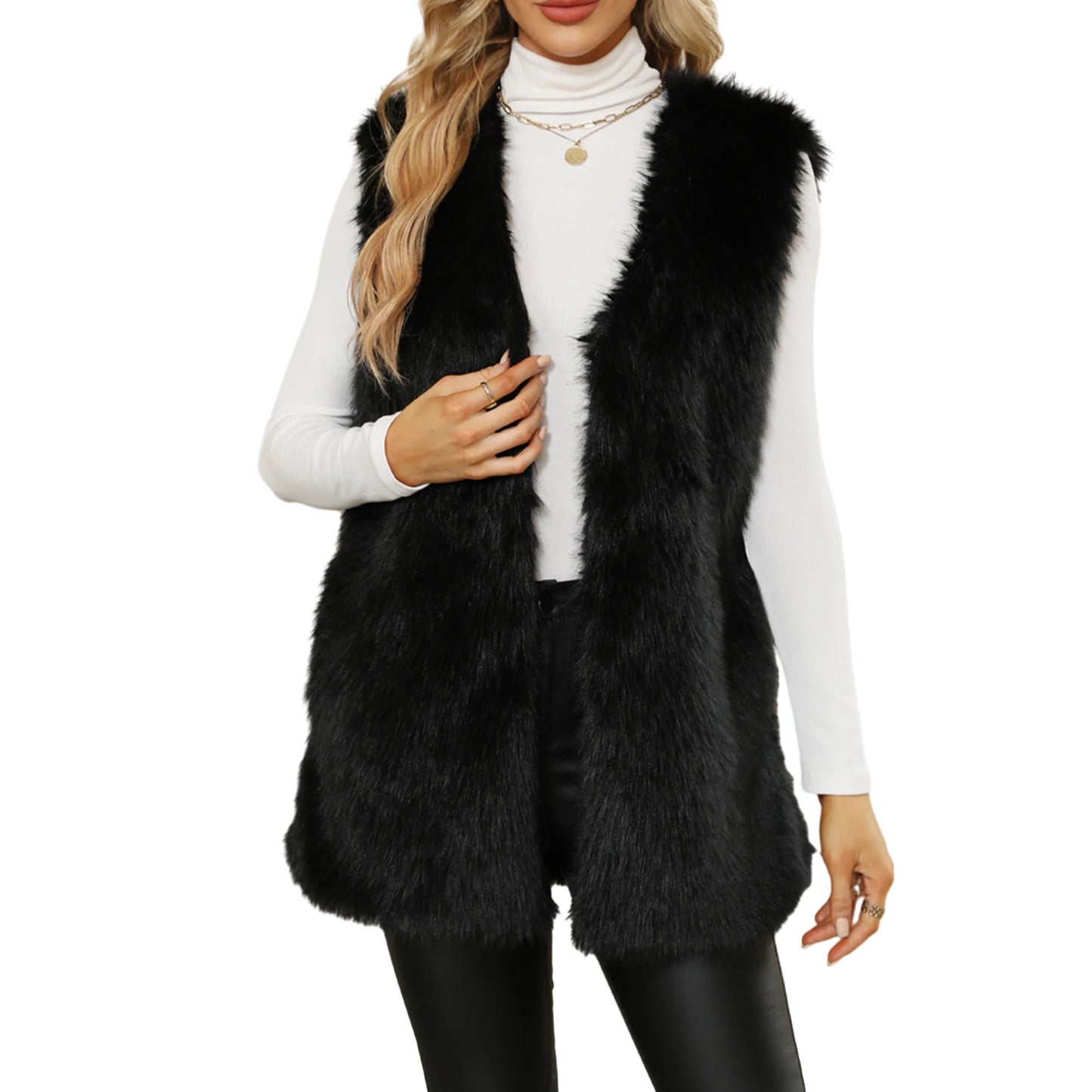 Sleeveless Vest Button-Up Faux Fur Jacket with Solid Color Design for Warmth and Style