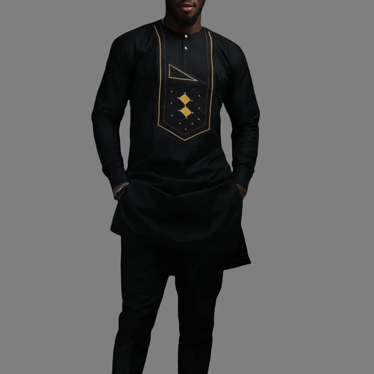 Men's  Wedding 2-Piece Suit Waist Pants Shirt Solid Color Panel Long Sleeve Party African Ethnic Style Clothing
