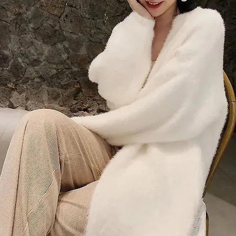 white Long Cardigan for women winter clothes Knitted fluffy long sleeve Cashmere sweater coat warm vintage