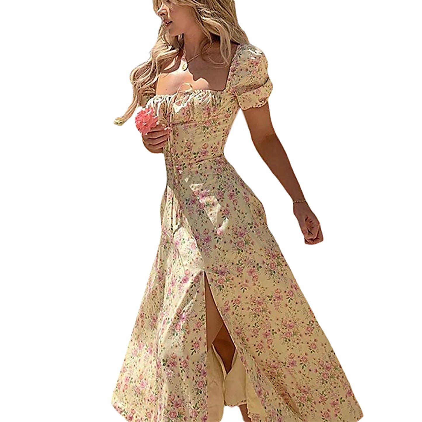 Summer Dress For Women Boho Rope Fashion Floral Printed Lace Up Chest Elegant Short Sleeve