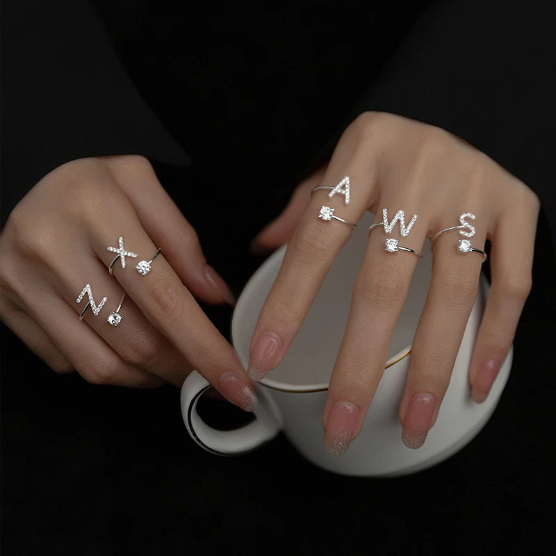 Shining Rhinestone 26 Letters Adjustable Rings  Initial A-Z Alphabet Opening Ring