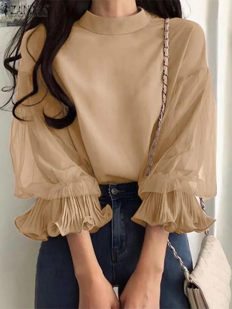 Elegant Party Blouse Chic Mesh Ruffle 3/4 Sleeve Tops Designer Stand Collar Shirts
