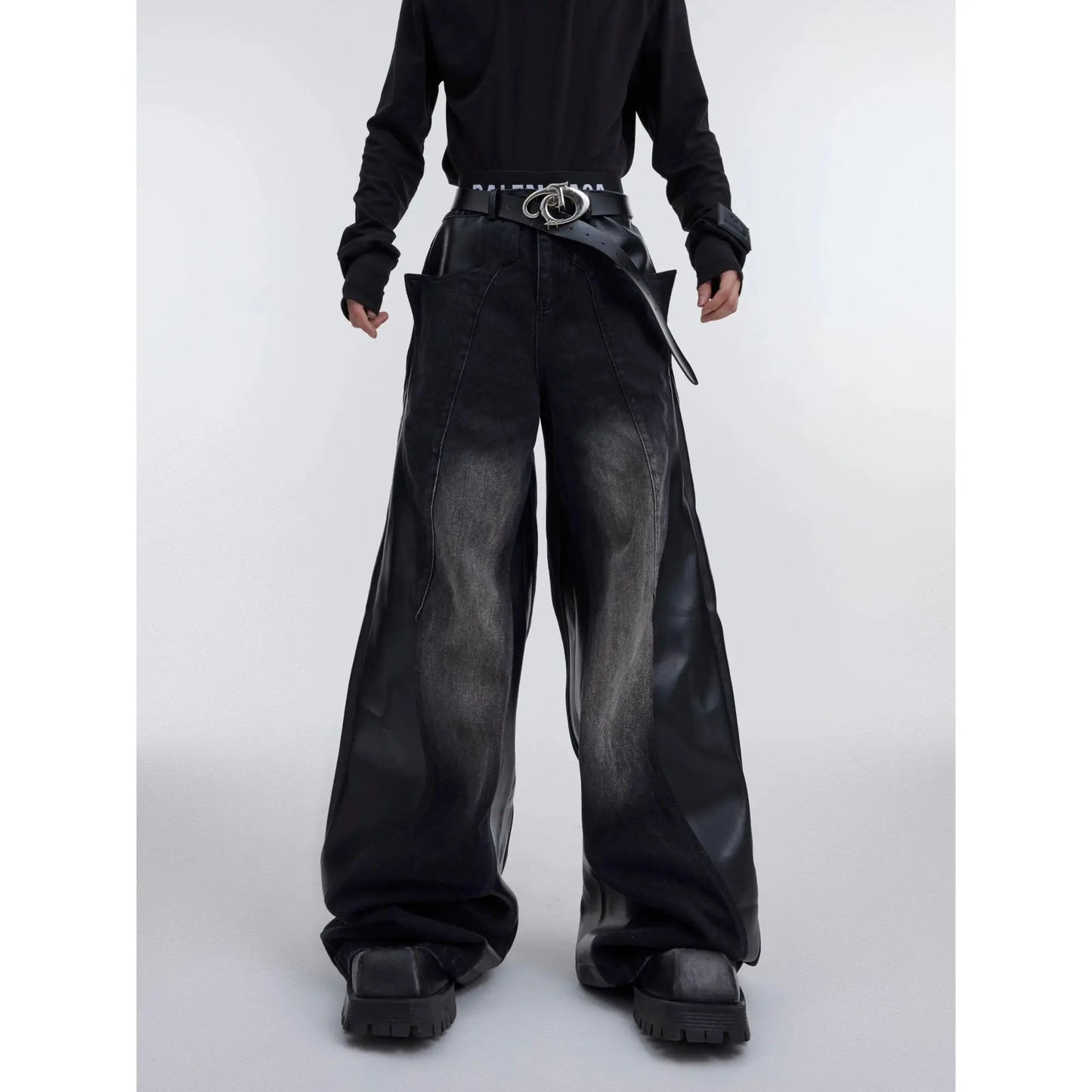 Retro Washed Splicing Jeans PU Leather Baggy Jeans Straight Casual Black Denim Trousers Streetwear