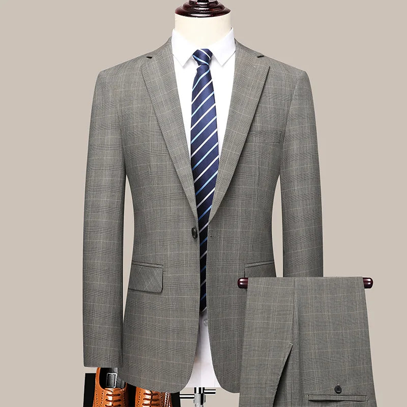 Men's Checkered Business Casual Suit Two-Piece Set Polyester Wedding Trend Handsome Boutique Suit + Trousers