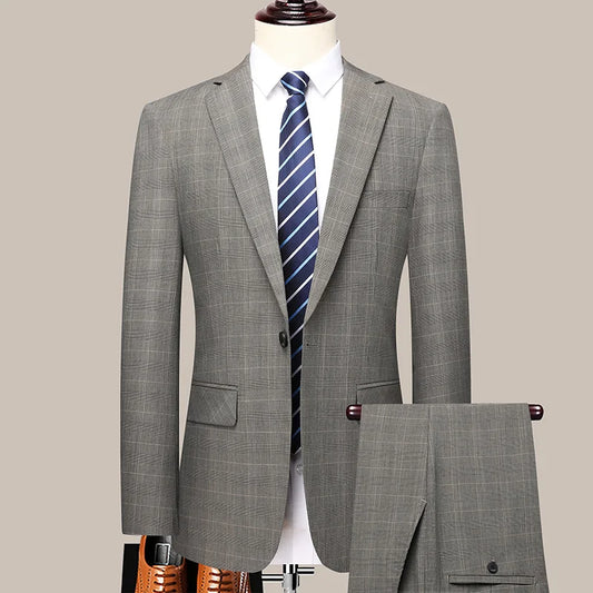 Men's Checkered Business Casual Suit Two-Piece Set Polyester Wedding Trend Handsome Boutique Suit + Trousers