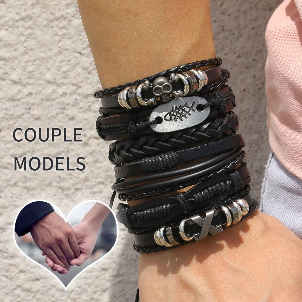 1 Fashion Bracelet Viking Bracelet For Men Hand Bracelets Woven Skull Hand Jewelry Adjustable Leather Set Bracelet