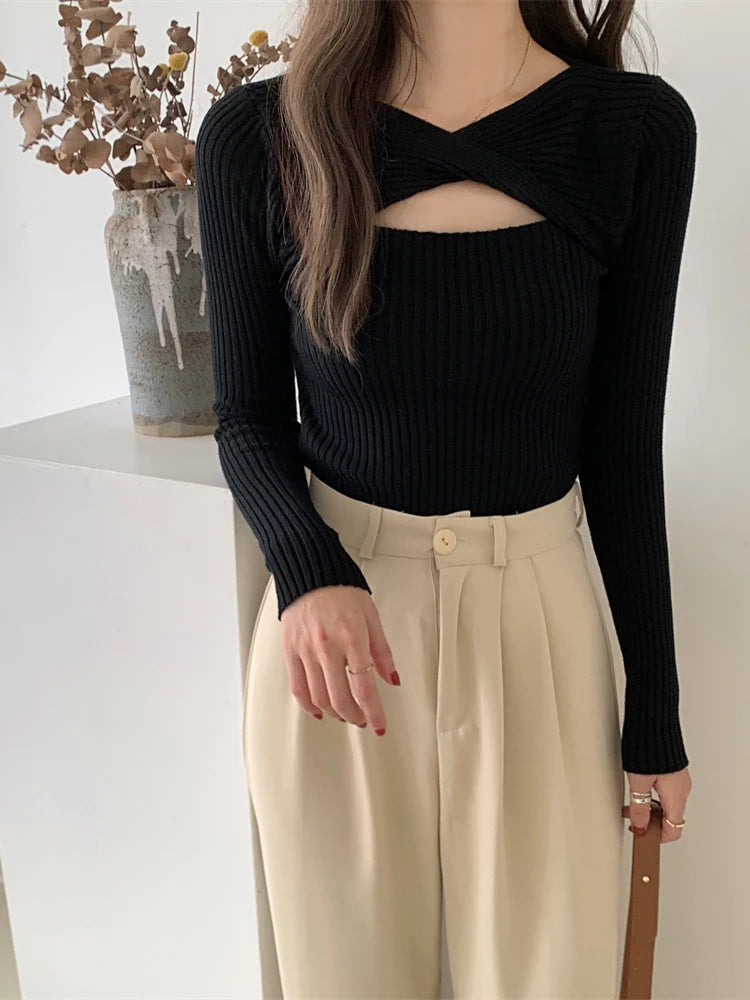 Women Sweater Chic Cashmere Pullovers Women Long-sleeved Knitted Streetwear Jumpers Solid Sweater