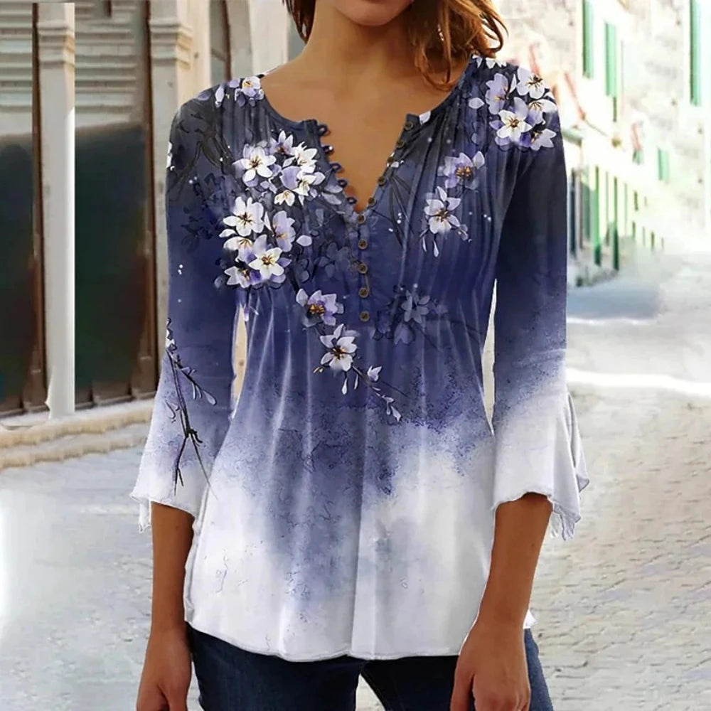 Summer Street Fashion Button-Down T-Shirt Loose Women'S Comfortable Clothing Shirt 3d Printed Trend Seven-Quarter Sleeve Top