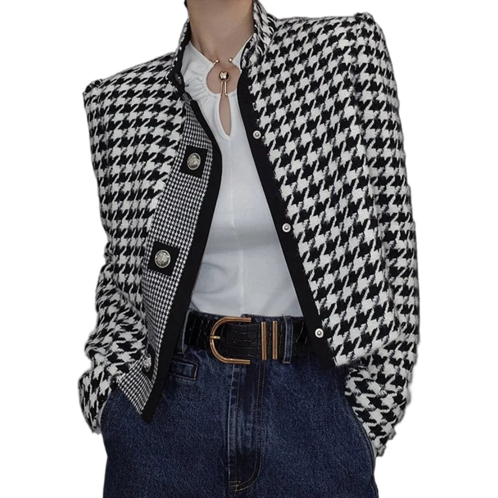 Houndstooth Classics Blazer Outerwear Vintage Stand Collar Long Sleeves